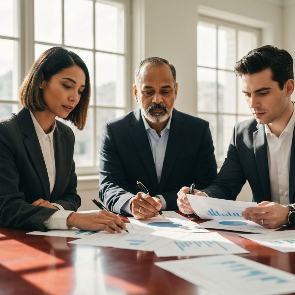 Business executives in strategic planning meeting discussing financial reports